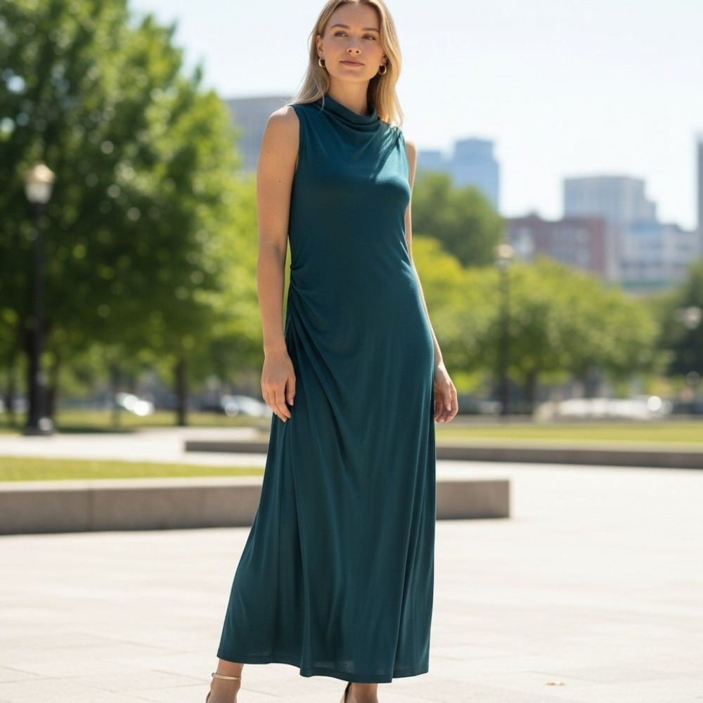 Old Navy Teal Mock Neck Sleeveless Side Ruched Maxi Dress XL